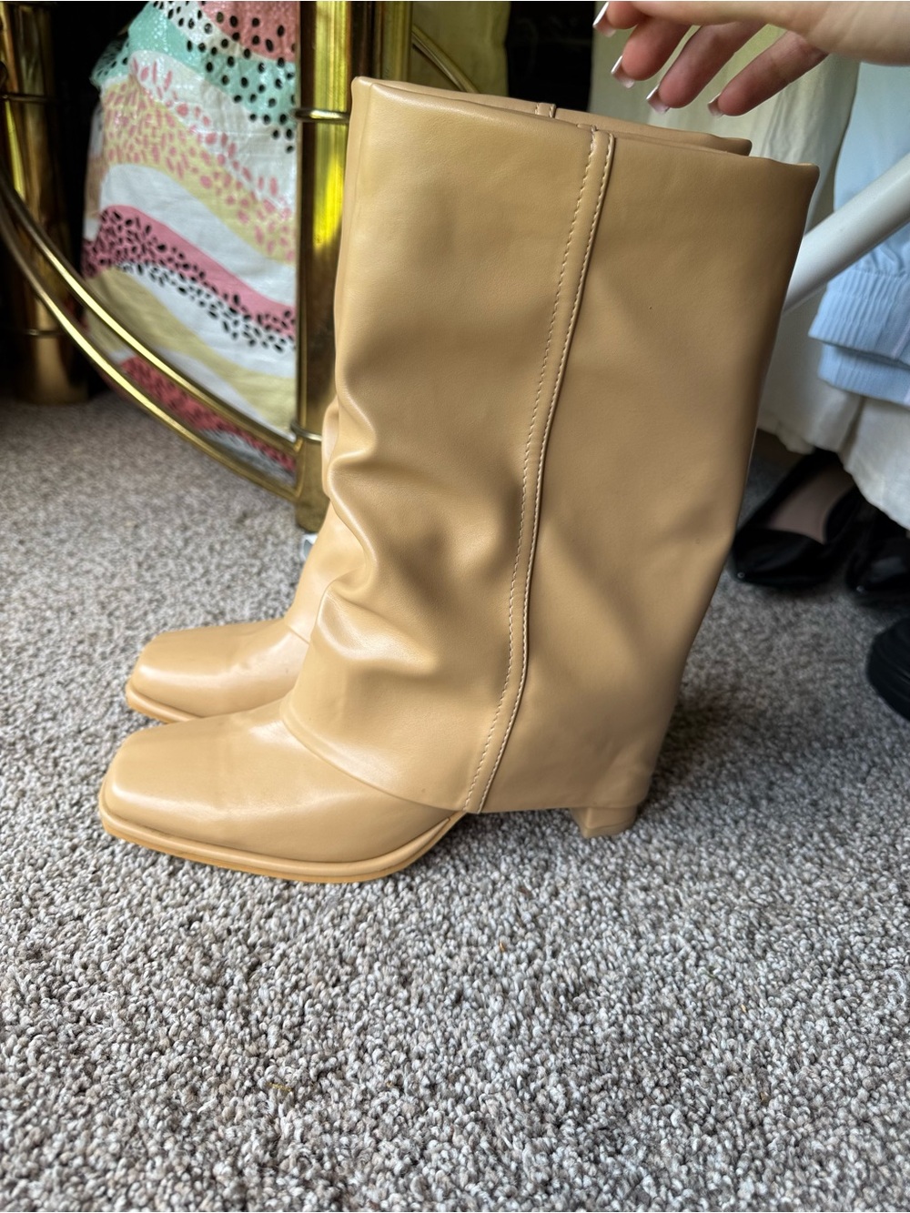 Zenda Tan Pleather Fold-Over Mid-Calf Boot